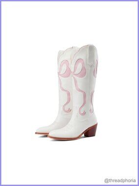 Knee High Cowboy Boots Bow Inlay Almond Toe Chunky Heel Western Boots
